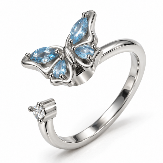 Bague anti-stress Butterfly argentée en acier inoxydable, sur fond blanc