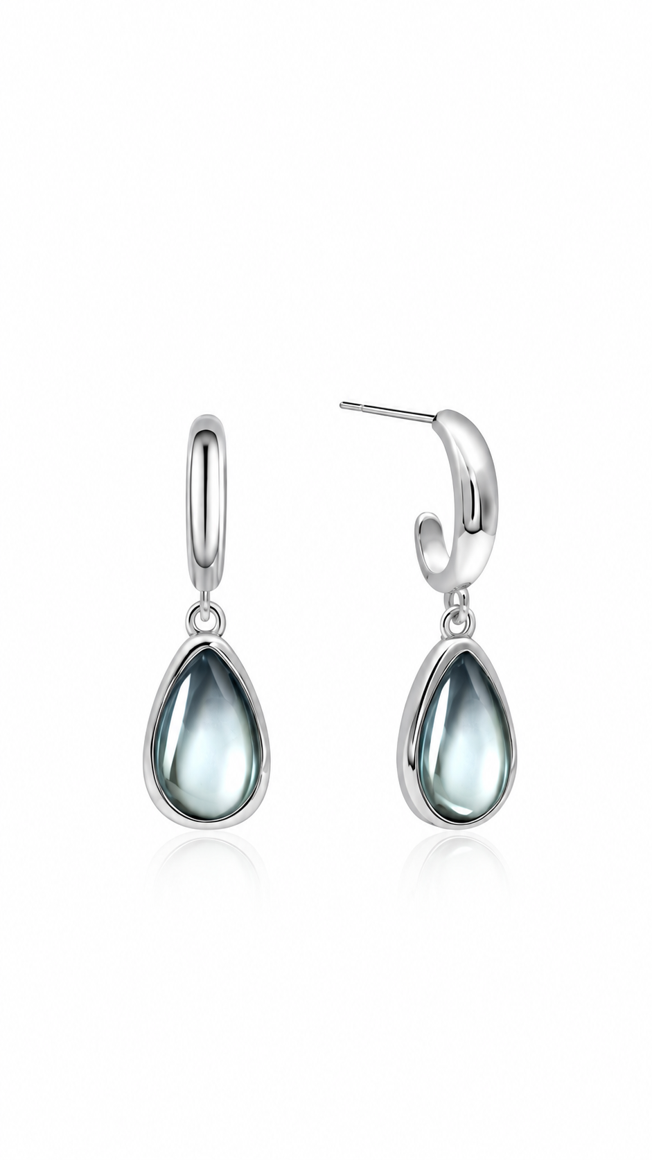Boucles d'oreilles Goutte Lagon en acier inoxydable argenté, pendant goutte bleu-gris, sur fond blanc