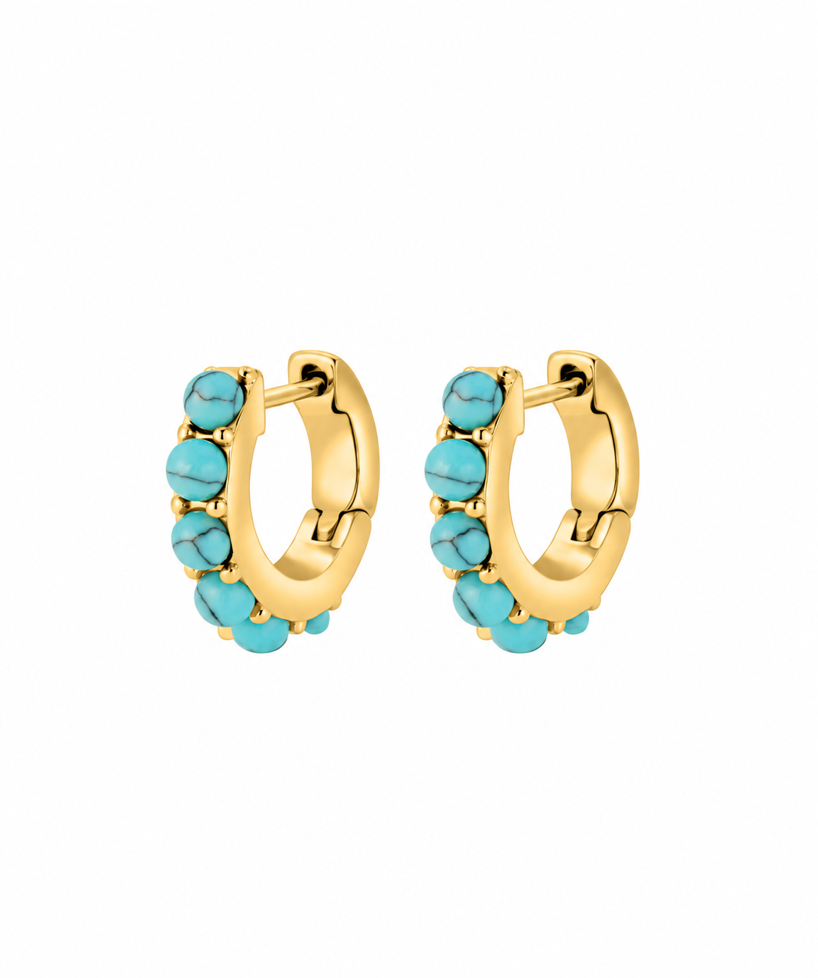 Créoles Moscou turquoise en acier inoxydable doré, sur fond blanc