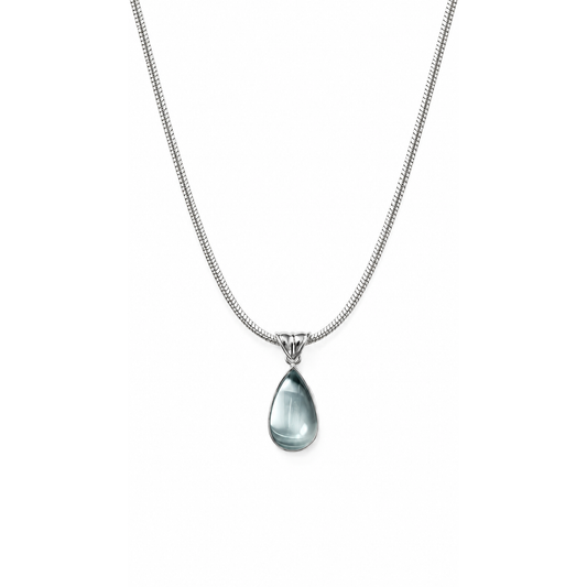 Collier Goutte Lagon en acier inoxydable argenté, pendentif goutte bleu-gris, sur fond blanc