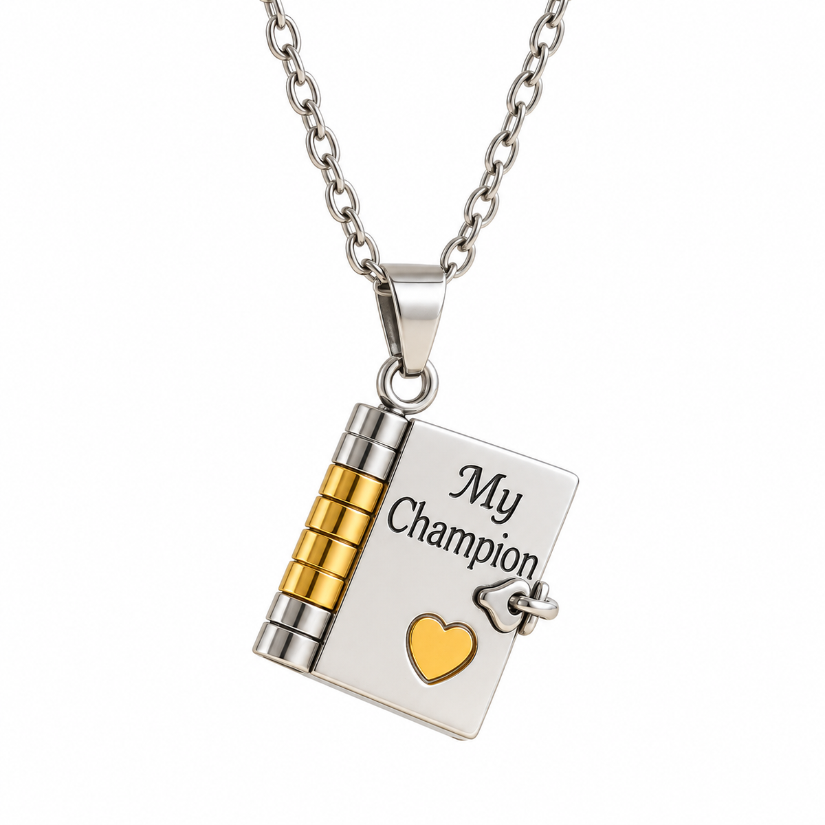 Collier My Champion fermé, pendentif livre en acier inoxydable